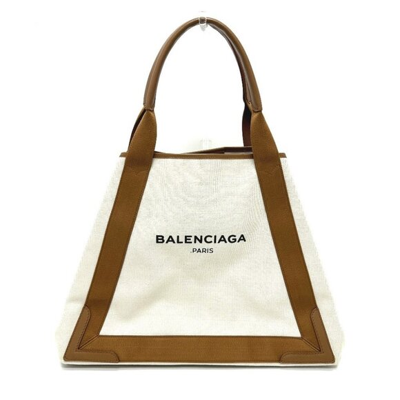 Balenciaga Handbags - BALENCIAGA 339936 Navy Kabas M bag shawl Tote Bag Canvas/Leather Beige/Brown